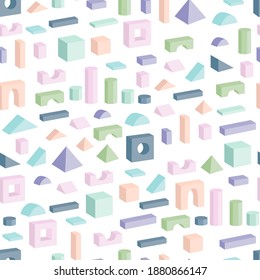 Pastel Colored Wooden Isolated Toy Building Blocks. Vector Seamless Isometric Pattern