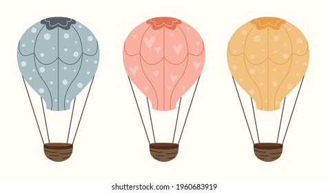 Pastel colorful air balloon flat pictures set. Cartoon flying baskets and balloons with hot air isolated vector illustration collection.
