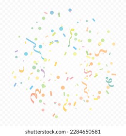 Pastel Colorful Confetti And Ribbon Falling On Transparent Background. Vector Illustration