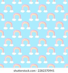 Pastel Colorful Cute Rainbow With Clouds Pattern Background. Vector Illustration