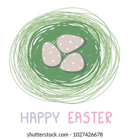 Pastel and colorful easter eggs, a nest with three colored Easter eggs