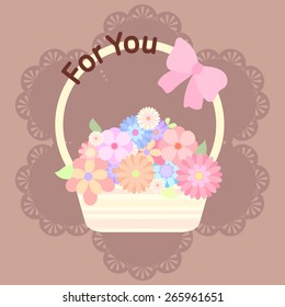 pastel colorful flowers in basket with ribbon and lace background