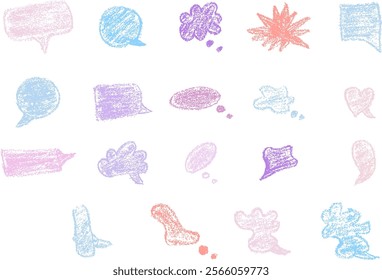 Pastel colorful grunge crayons of hand drawn speech bubbles. Communication symbols, dialogue and speech signs isolated on white background. Vector illustration