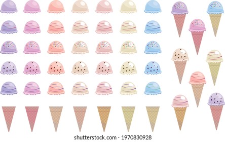 Pastel and colorful ice cream vector illustration set without lines