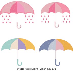 Pastel and colorful set of umbrellas vector illustration on white background Pink umbrellas with raindrops
