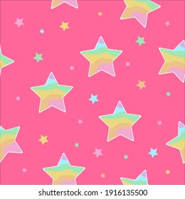 Pastel colorful stars on pink background. Seamless vector pattern with stars. Vector illustration for textile, fabric, wrapping, paper. EPS 10