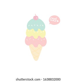 Pastel Colorful three scoop ice cream cone with cherry on top illustration vector  isolated on white background