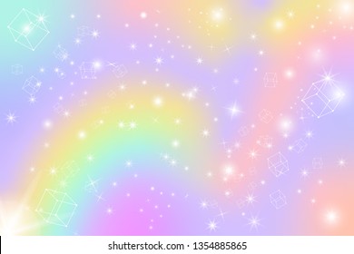 Pastel colorful tone glow cloud and star bokeh reach to sky concept. Cubic floating modern Dream hologram fantasy land beautiful blur object vector illustration background