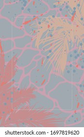 Pastel colorful tropical coconut / palm leaves on light saturation blue with water ripple backgroud, cute hand drawn card design template, pastel tint summer vibe