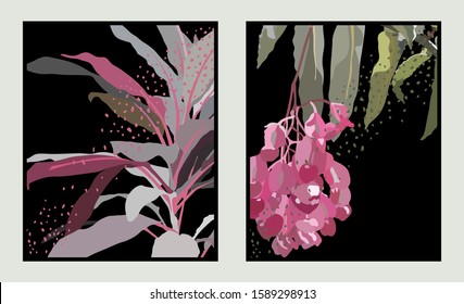 Pastel colorful tropical plants and flowers on black backgroud - card collection template, flat style bright color