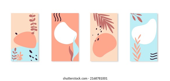 Pastel Colorful Vector Summer Abstract Instagram Story Template. Herb, Leaves, Grass And Flower With Abstract Line And Hand Drawn Dots. Social Media, Mobile App And Communication Concept Illustration