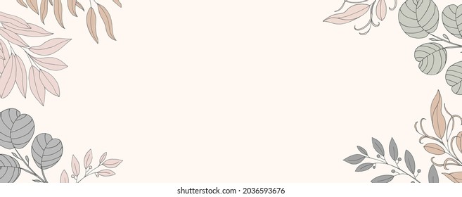 Pastel colors background. Minimalism of forms and abstraction. Hand drawn botanical wallpaper. Leaves and branches of plants. Vector illustration.