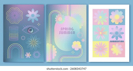 Pastel colors blooming  flowers card set. Colorful geometric abstract flowers. Gradient backgrounds.