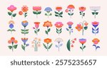Pastel colors blooming flowers and leaves icons in folk geometric style. Spring, Easter, Summer theme. Flat vector illustration