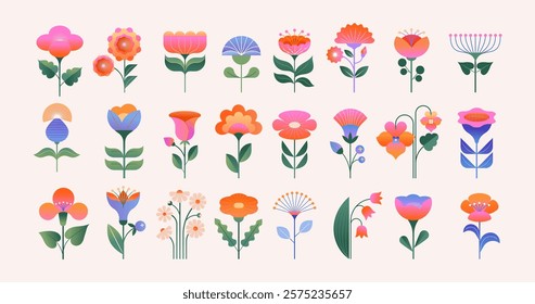 Pastel colors blooming flowers and leaves icons in folk geometric style. Spring, Easter, Summer theme. Flat vector illustration