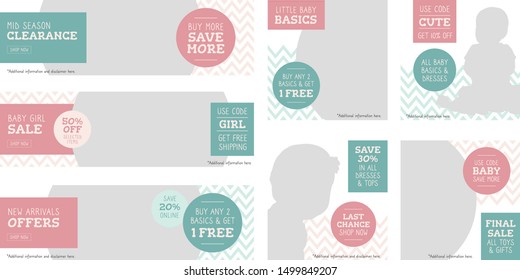 Pastel colors chevron background. Cute design set for kids/babies fashion sale promotion on social media, website and flyers. Flat graphic design template. Web template. Web banners. Flyer design. 