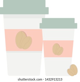 pastel colors coffee to go cup flat. paper cup in grey, pink colors with coffee beans. time to relaxing and drink a cup of tea or coffee, hot chocolate. take away drinks. 