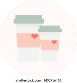 pastel colors coffee to go cup flat. paper cup with heart. grey, pink colors. time to relaxing and drink a cup of tea or coffee, hot chocolate. take away drinks