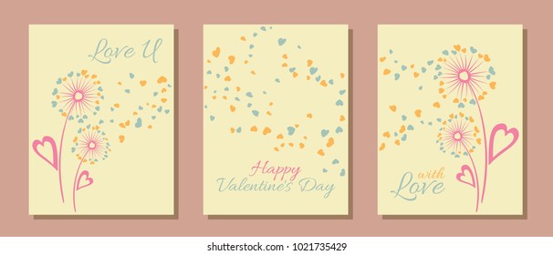 Pastel colors dandelion flowers valentine template for cards, vector layouts set. With Love, Happy Valentine's Day text on card layouts. Heart shaped flying petals, love symbols. Dandelion blowing.