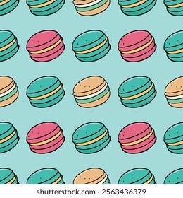 pastel colors dessert macarons seamless vector pattern on blue background