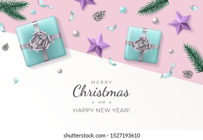 Pastel colors elegant Merry Christmas background with holiday elements. Vector greeting card or poster