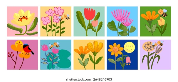 Pastel colors flowers leaves plants icon element illustration. Spring, summer flat botanical theme.