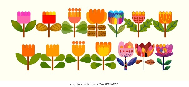 Pastel colors flowers leaves plants icon element illustration. Spring, summer flat botanical theme.