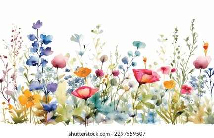 Pastel colors flowers in the light watercolor background
 watercolor card with lavender and wild herbs
