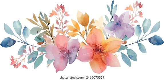 Pastel colors flowers in the light watercolor background, card with wild herbs