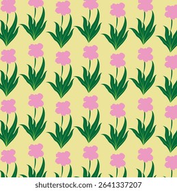  Pastel colors flowers seamless pattern. Pink flowers on yellow background. Floral illustration