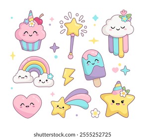 Pastel colors funny Kawaii characters Baby Unicorn cupcake, ice cream, happy star, magic wand, rainbow cloud - Cute cartoon vector doodles for kids design