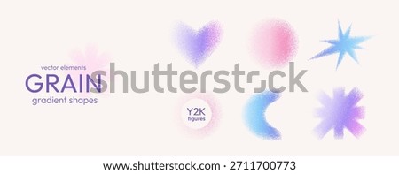 Pastel colors geometric grain gradient shapes with noise. Y2k retro stippling crown, twinkle forms set. Butterfly, flower, heart and star icons on beige background. Vector pink, blue illustration.