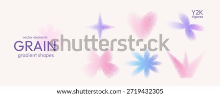 Pastel colors geometric grain gradient shapes with noise. Y2k retro stippling crown, twinkle forms set. Butterfly, flower, heart and star icons on beige background. Vector pink, blue illustration.