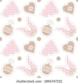 Pastel colors geometric seamless vector patterns. Pink polka dots, beige hearts, wings, New Year's toys on a white background. Simple print for little girls: fabric, wrapping paper, notepad,background