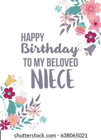 Pastel Colors Greeting Card Happy Birthday My Beloved Niece design with flowers on white background