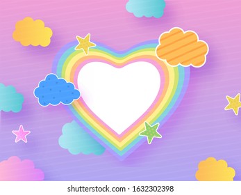 Pastel Colors Heart Shape with Clouds and Stars Decorated on Pink and Purple Strip Background.