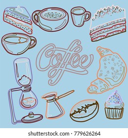 Pastel colors linear vector coffee set with chemex, cakes, croissant, cupcake, cups of coffee, cezve and coffee machine in hand-drawn style for web and printing. Cozy square poster for a coffee shop.