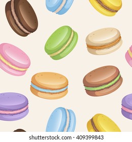 Pastel colors macarons set vector seamless pattern on light background. EPS10 file. Food design for menu, textile, wrapping paper, wedding.