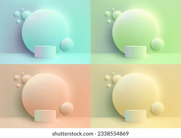 Pastel colors and modern minimalism in this 3D realistic showcase podium. With a circle backdrop and sleek design, this vector illustration is perfect for presenting your products. Vector illustration