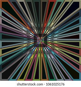 Pastel colors on black background, striped perspective lines.