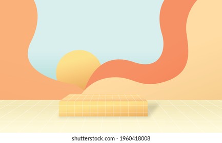 Pastel colors retro futuristic background 1980s style with podium