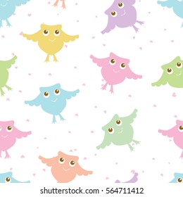 Pastel colors seamless owls pattern. Vector cute cartoon birds background. Can be used for textile, bed lining, baby clothing. cards and wrapping paper