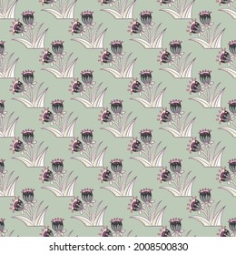 Pastel colors seamless pattern with doodle natural flowers bell print. Vintage style decorative ornament. Graphic design for wrapping paper and fabric textures. Vector Illustration.