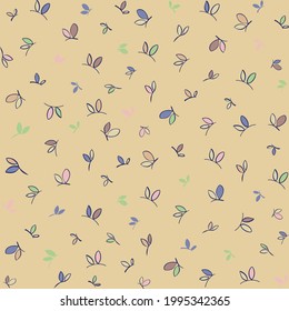 Pastel colors seamless pattern with leaves silhouettes in pink, green and violet. Beige background with small elements, seamless print