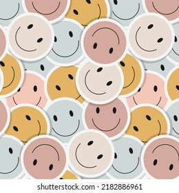 Pastel colors smile emoticons pattern. Smiley in pink, blue, yellow and beige, modern, minimal and soft design. Art for fabric, textile, giftware, wallpaper, book cover
