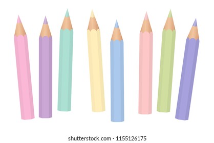 Pastel colors. Soft colored baby crayons. Short pencils loosely arranged. Isolated vector illustration on white background.