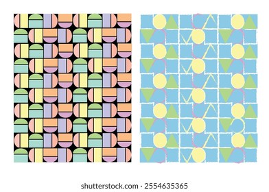 Pastel colors textile pattern background, vector pattern illustration on black and blue background, wallpaper, circle, triangle, rectangle 