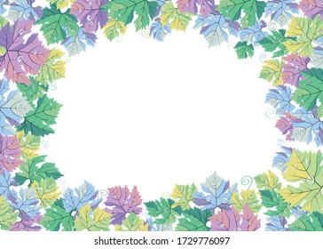 Colores pasteles hojas vectoriales de uva y vid en la ilustración de ornamento de marco de borde blanco. Para la carta de vinos, la decoración de las bodas. Formato de papel internacional A4 con espacio libre en blanco para el texto.