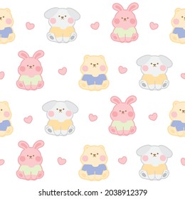 Pastel color.Seamless pattern of cute animals with heart on white background.Kid graphic.Cartoon character design.Image for card,wallpaper,banner,baby cloth.Repeat.Kawaii.Vector.Illustration.