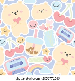 Pastel color.Seamless pattern of cute bear hold heart,cherry,bubble milk tea,rainbow cartoon.Animal character design.Image for baby cloth,paper gift,card,wallpaper.Repeat.Kawaii.Vector.Illustration.